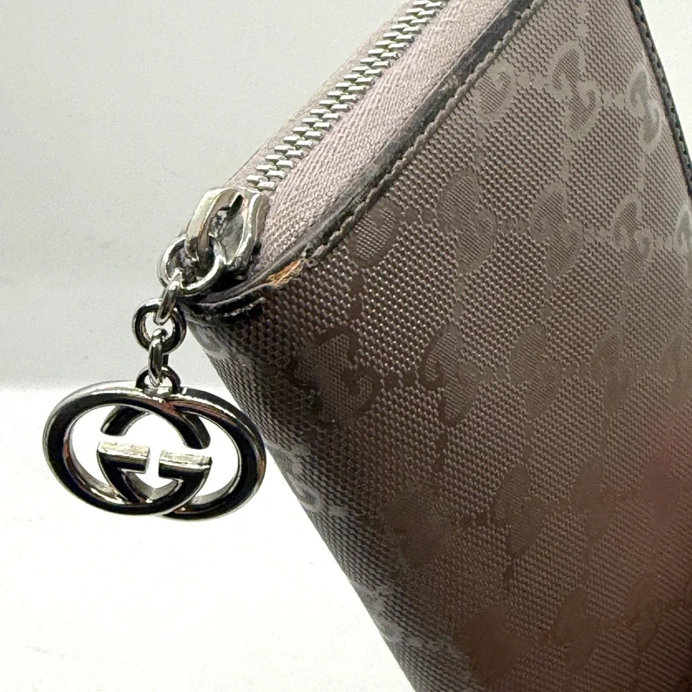 Gucci GG Monogram Zip‎ Around Wallet Silver Purple Gray Leather PVC Mirror